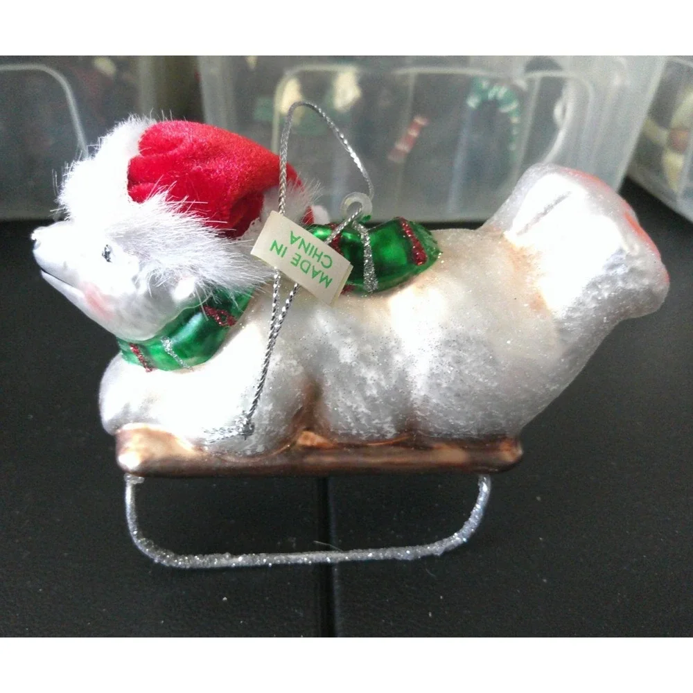 White Polar Bear Green‎ Scarf Sledding Glass Christmas Tree Holiday Ornament